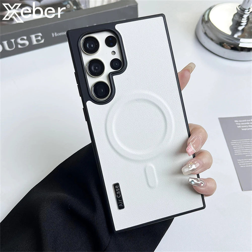 Capa Magnética de Couro Liso para Samsung Magsafe, Carregamento Sem Fio, Proteção Total