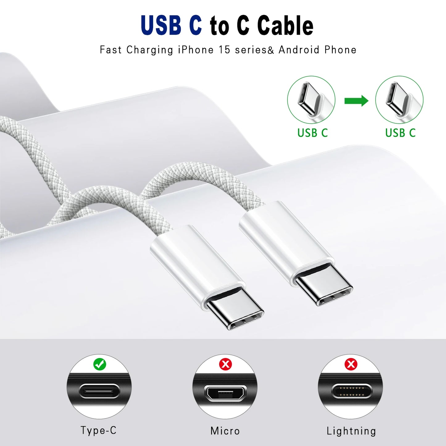 Cabo USB-C para USB-C 60W Trançado Carga Rápida Sincronização Dados iPhone Samsung Xiaomi