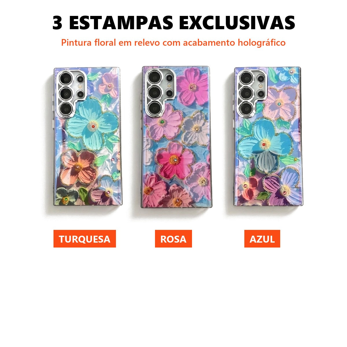 As 3 estampas: Turquesa, Rosa e Azul