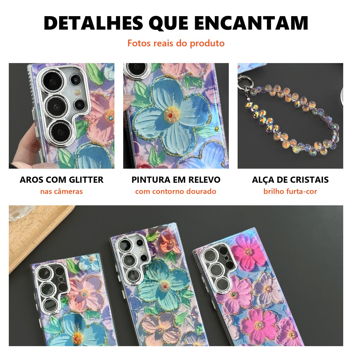 Detalhes: aros com glitter, pintura em relevo e alça de cristais