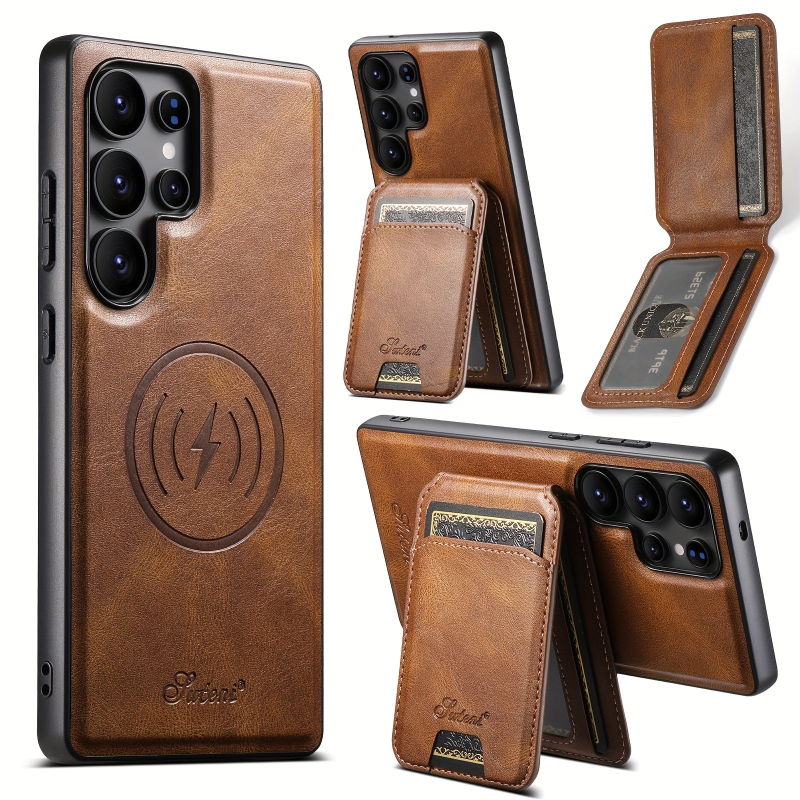 Capa Premium SUTENI Carregamento Sem Fio Couro Magnético Suporte Porta Cartões Samsung