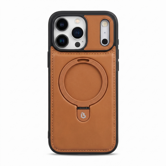 Case iPhone Couro marrom com anel MagSafe e suporte retrátil