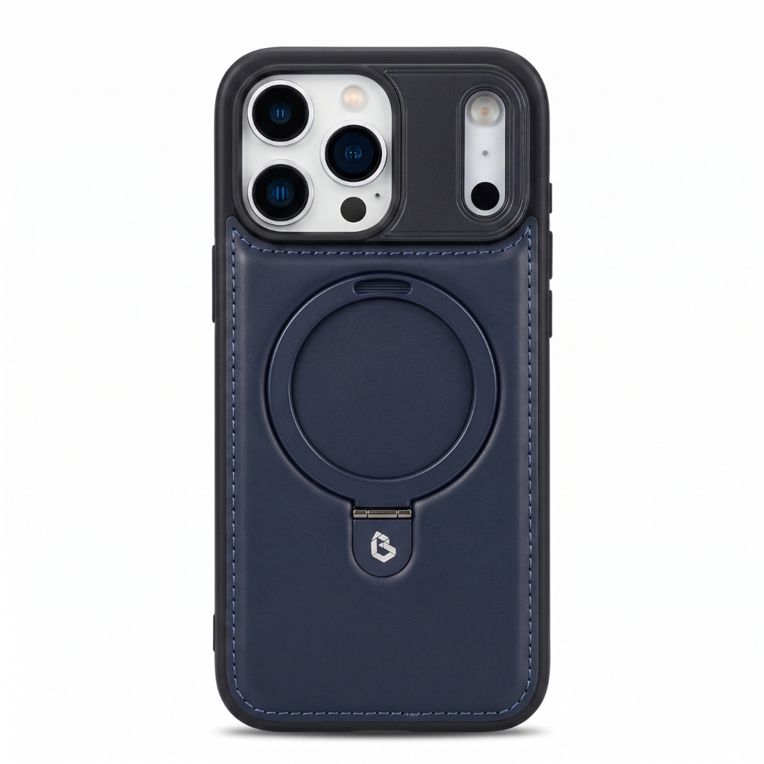 Case iPhone Couro azul marinho com anel MagSafe e suporte retrátil