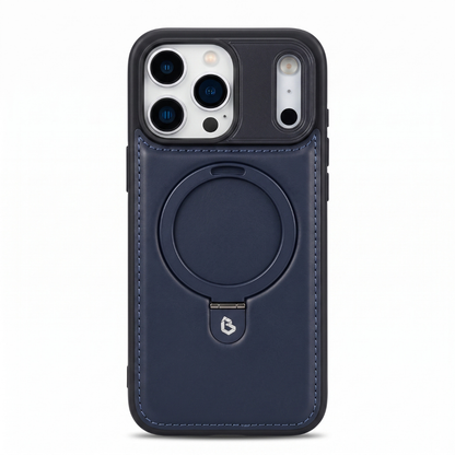 Case iPhone Couro azul marinho com anel MagSafe e suporte retrátil