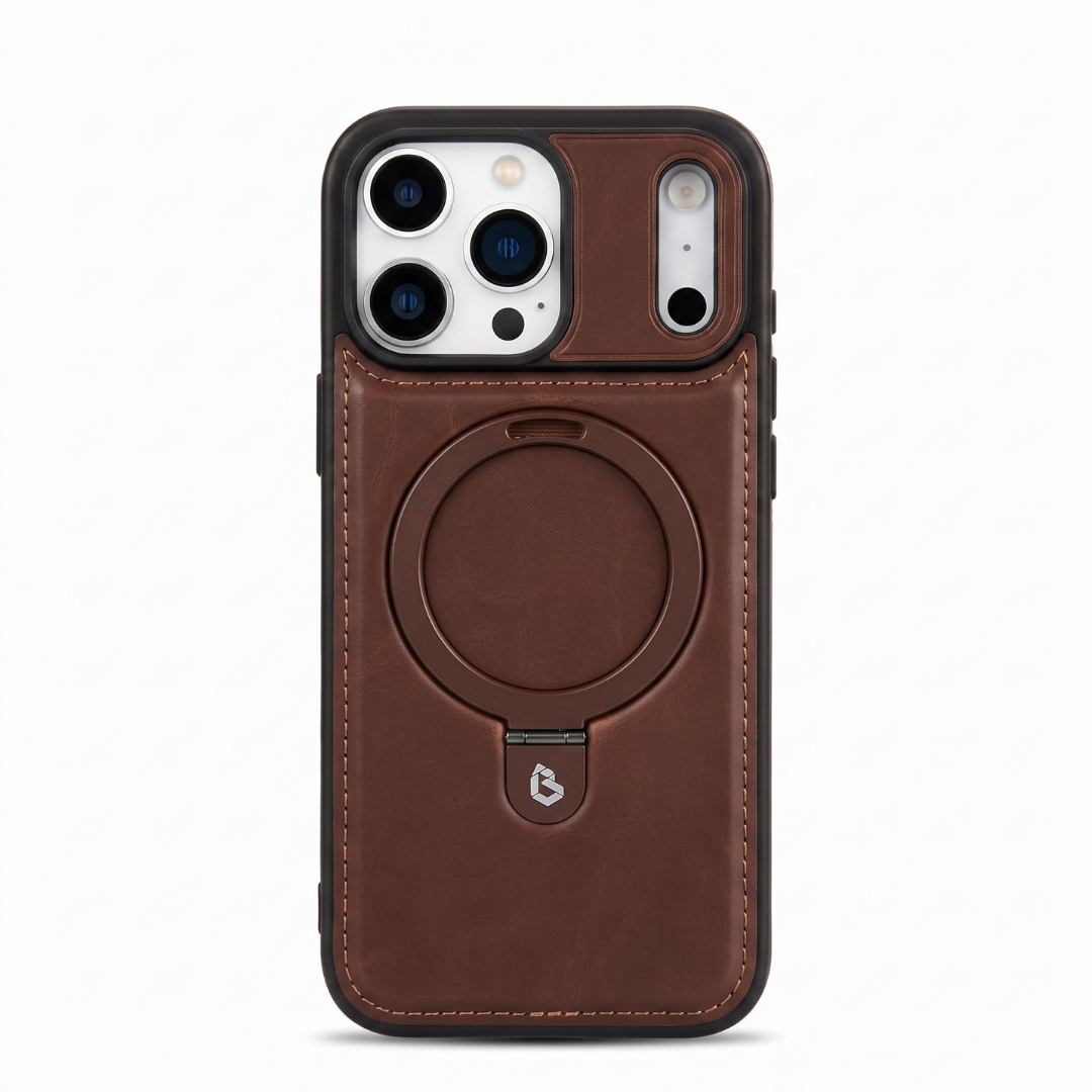 Case iPhone Couro marrom escuro com anel MagSafe e suporte retrátil