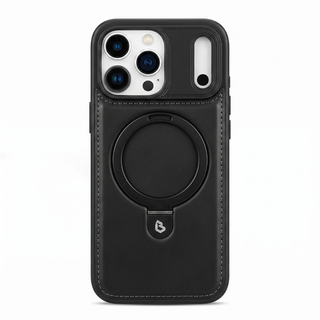 Case iPhone Couro preta com anel MagSafe e suporte retrátil