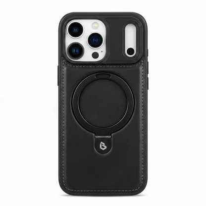 Case iPhone Couro preta com anel MagSafe e suporte retrátil