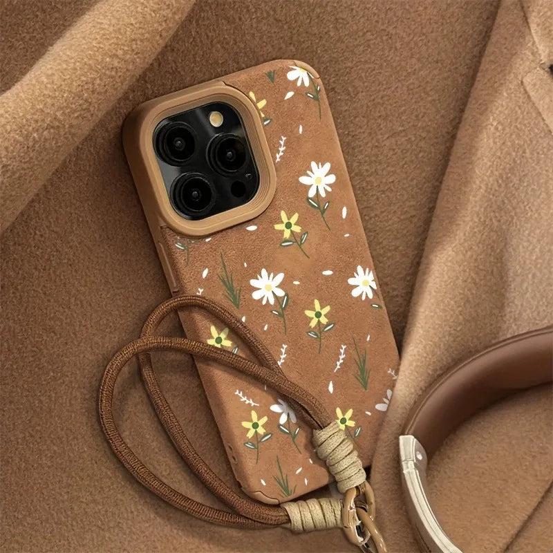 Capa para iPhone com Cordão, Estampa Floral em Couro Falso