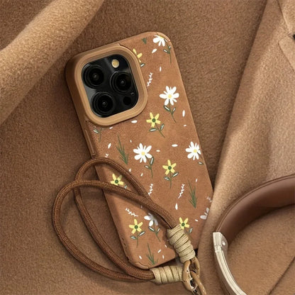 Capa para iPhone com Cordão, Estampa Floral em Couro Falso