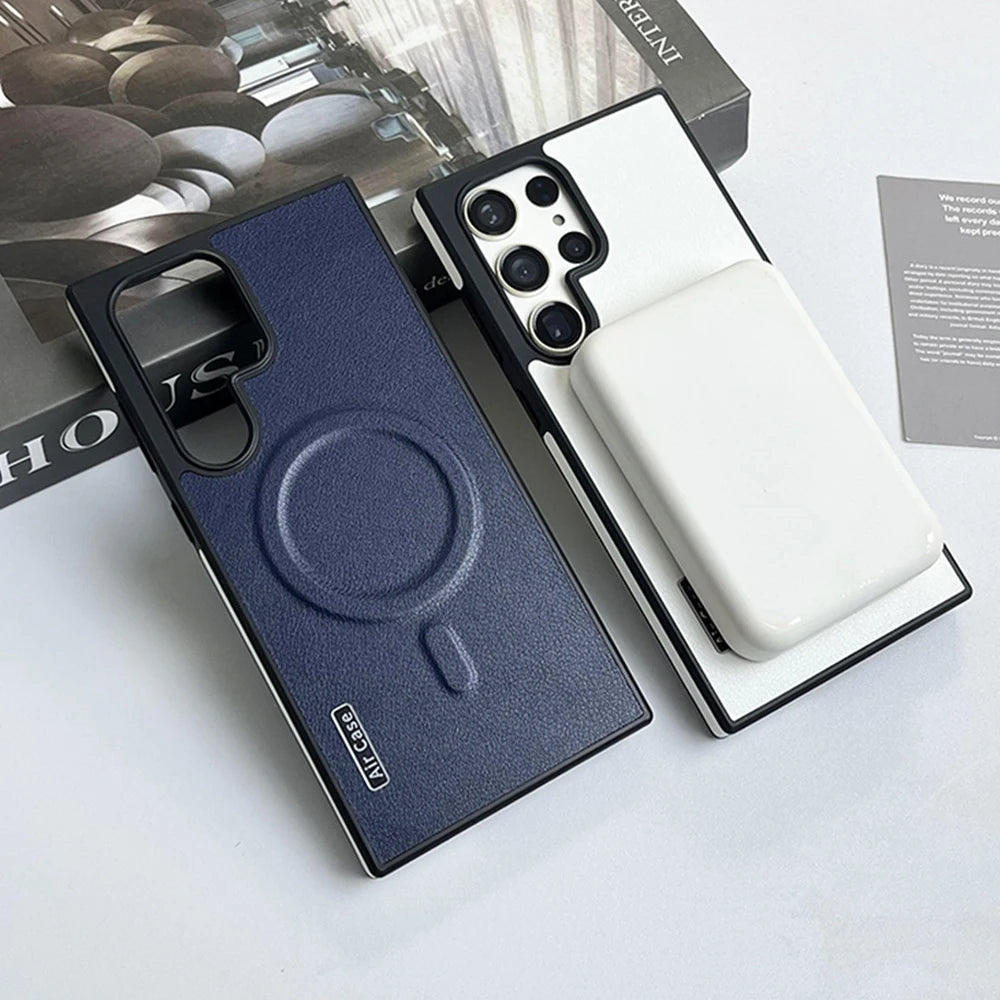 Capa Magnética de Couro Liso para Samsung Magsafe, Carregamento Sem Fio, Proteção Total