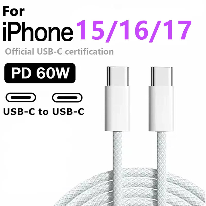 Cabo USB-C para USB-C 60W Trançado Carga Rápida Sincronização Dados iPhone Samsung Xiaomi