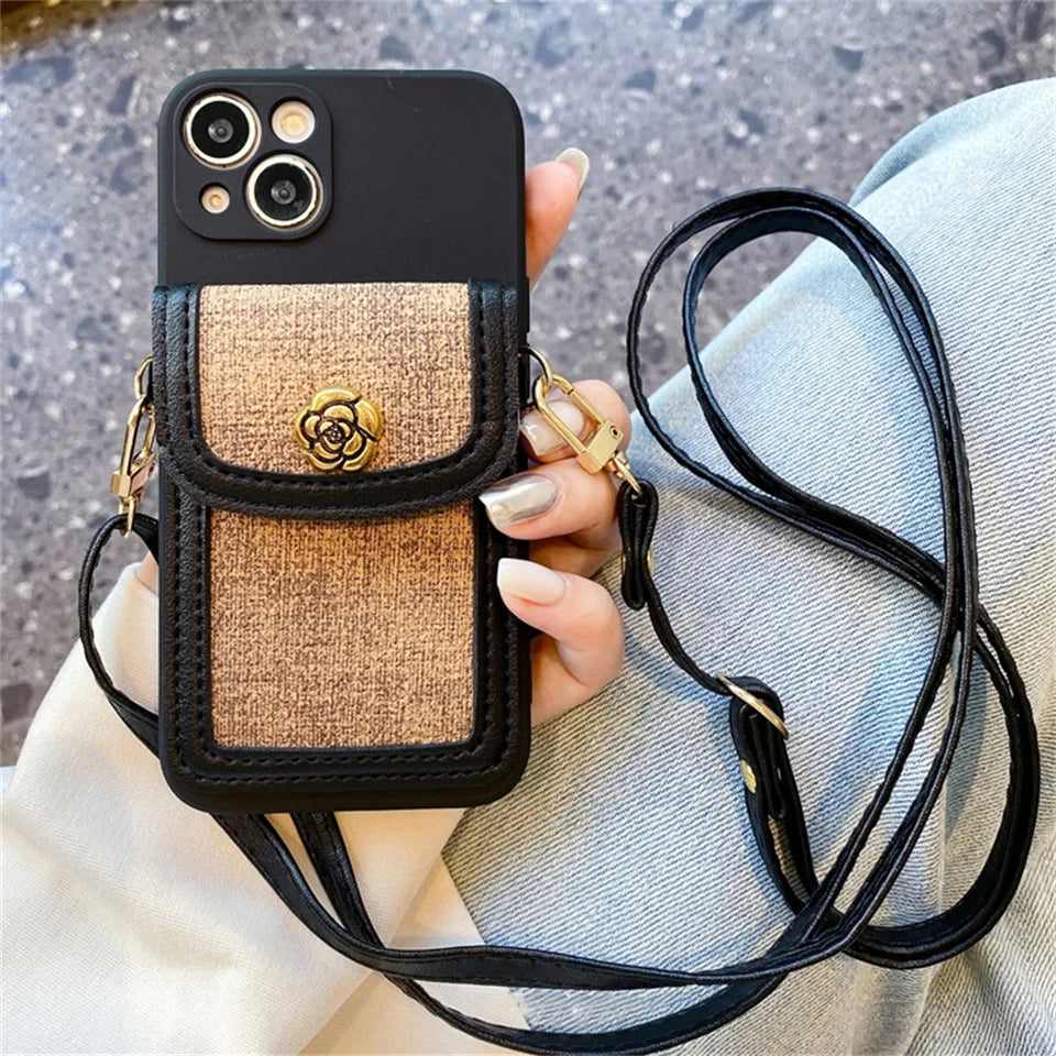 Case iPhone Jardim Camélia preta com bolsa de linho