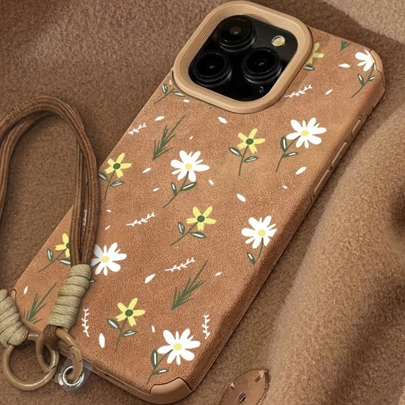 Capa para iPhone com Cordão, Estampa Floral em Couro Falso