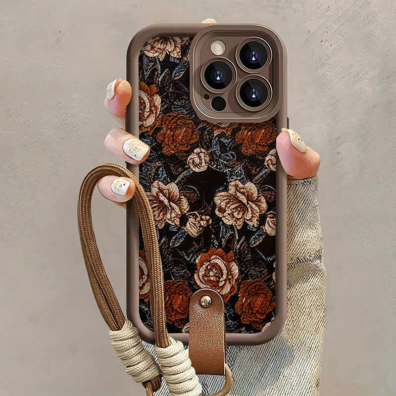 Case iPhone Jardim Barroco com rosas vintage e alça de pulso