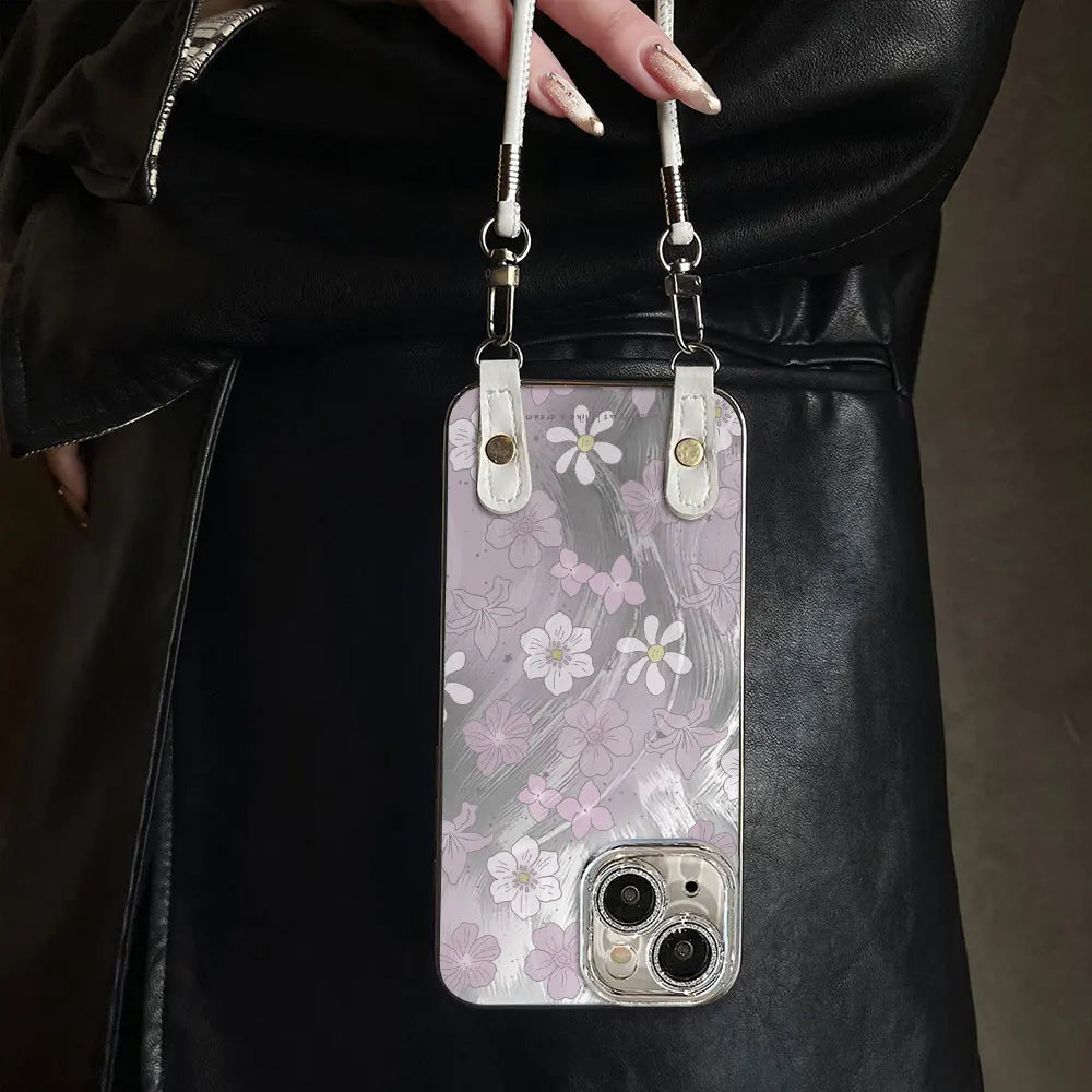 Capa de Celular Floral Lilás com Cordão de Pulso para iPhone