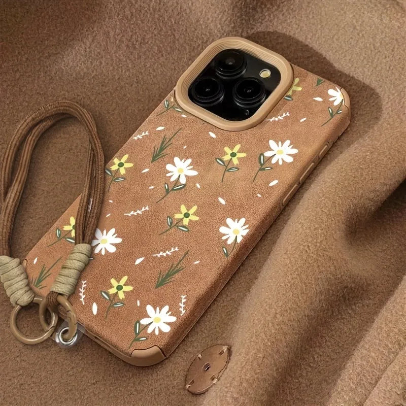 Capa para iPhone com Cordão, Estampa Floral em Couro Falso