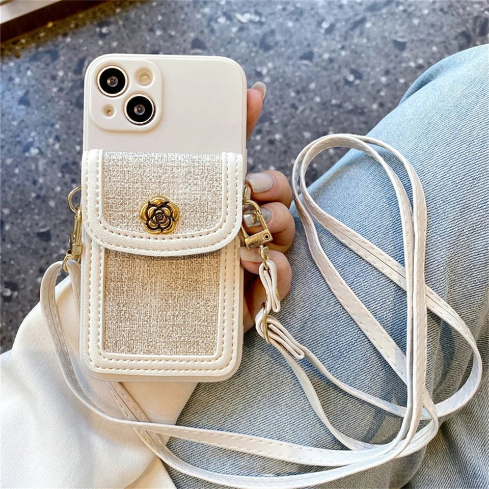 Case iPhone Jardim Camélia branca com bolsa de linho e cordão
