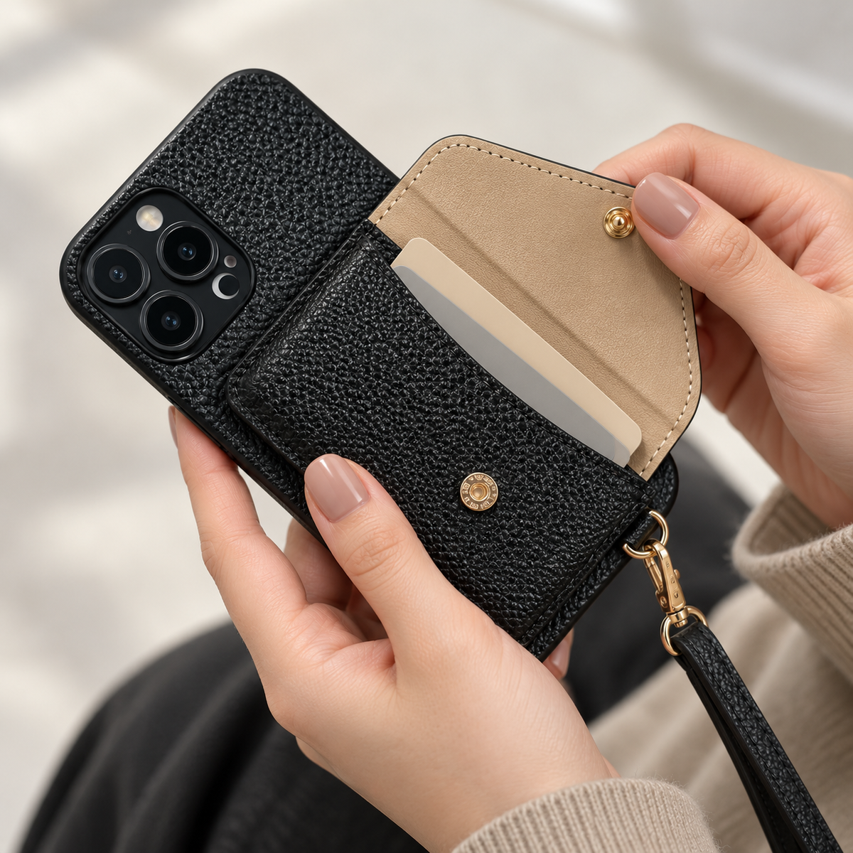 Detalhe do porta-cartões aberto da Case iPhone Bolsa preta com cartões dentro