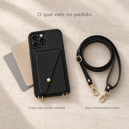 O que vem no pedido: Case iPhone Bolsa com porta-cartões e alça transversal inclusa