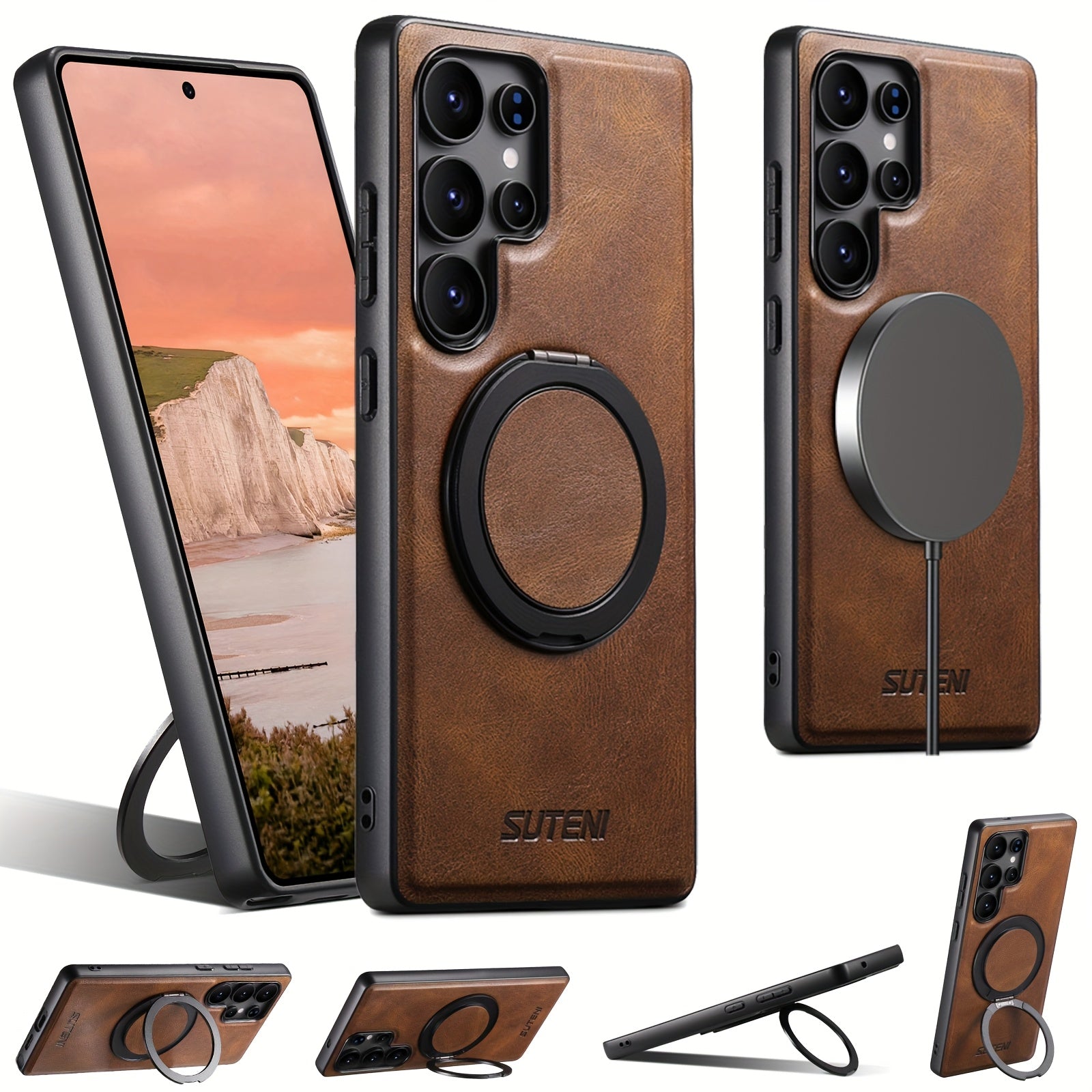 Capa Premium Suteni Galaxy: Anel Giratório 360°, Magnética, Couro Sintético