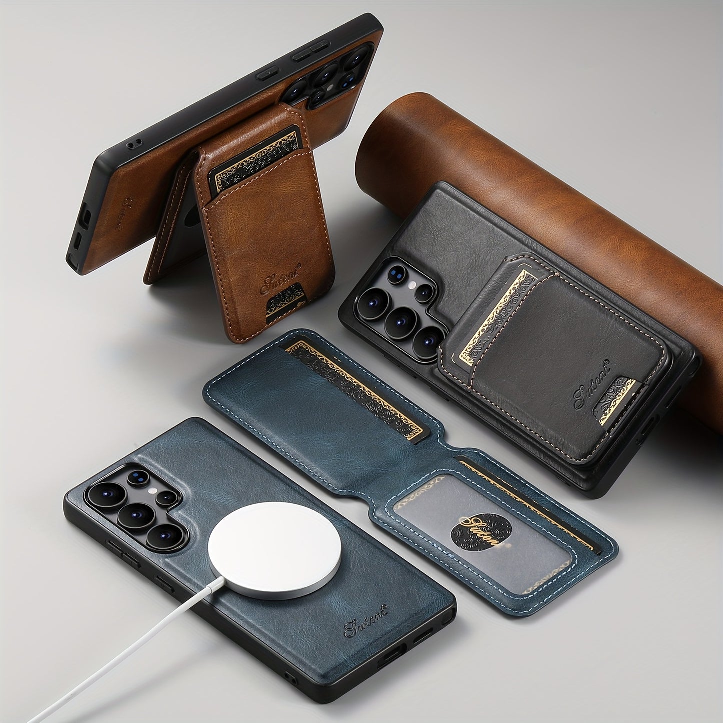 Capa Premium SUTENI Carregamento Sem Fio Couro Magnético Suporte Porta Cartões Samsung