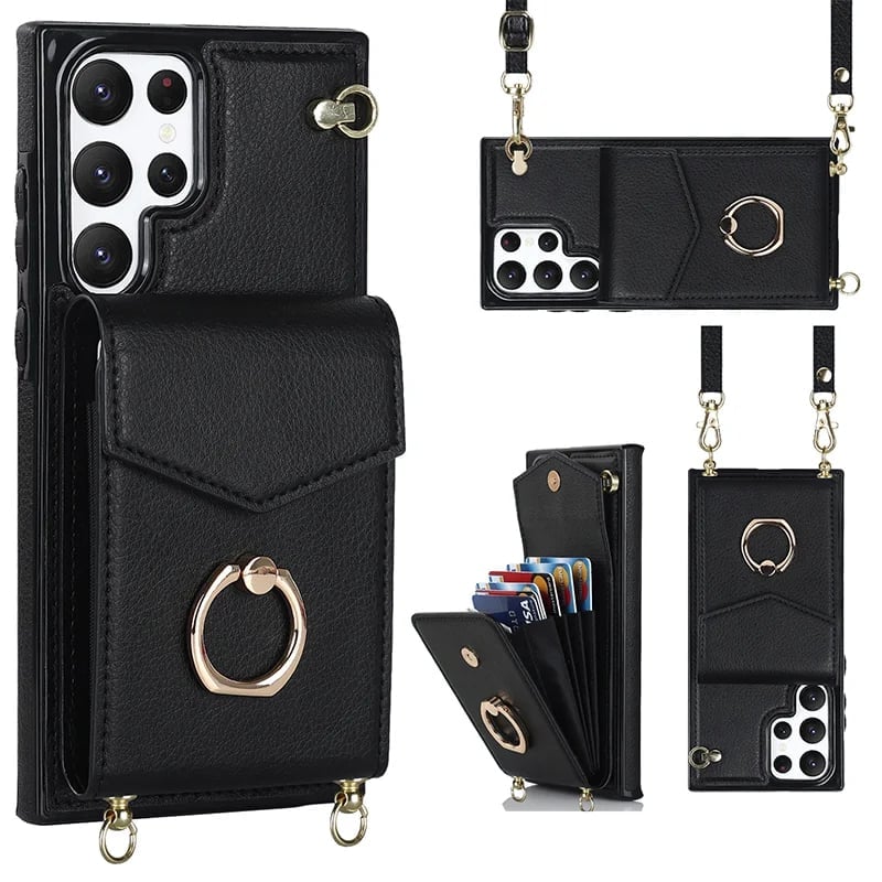 Capa Carteira Samsung com Alça Transversal e Porta Cartões, Suporte Anel Ajustável